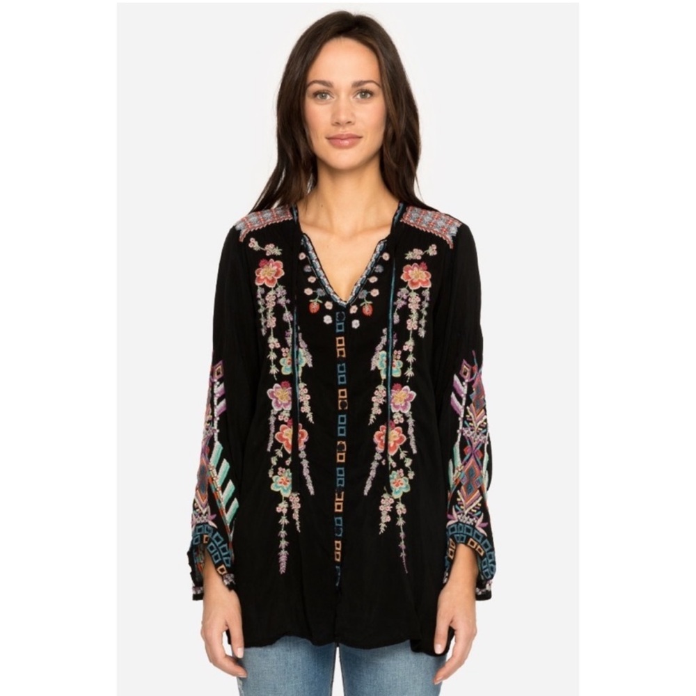 Johnny Was Alaura Black Embroidered Tunic Blouse